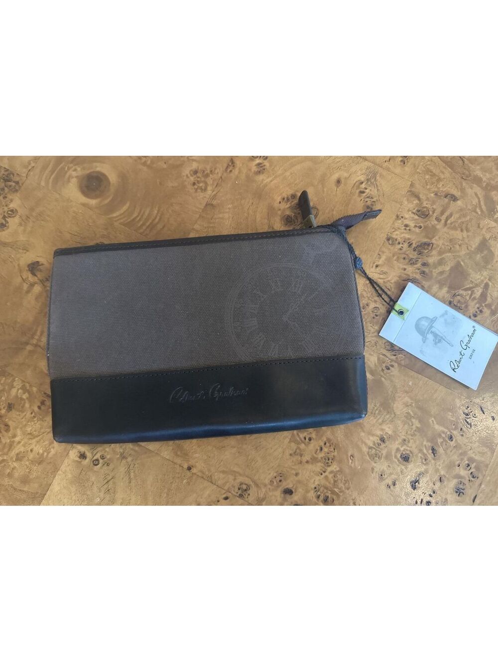 Robert Graham Canvas and Leather Zip Pouch with Clock Print